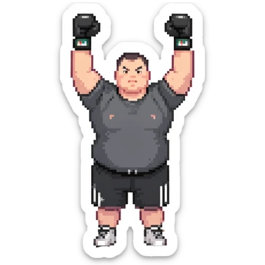 white man with dark hair, dark eyes, buzzcut faded haircut, overweight 100kg boxer, chubby face, stocky build, wearing full black clothes, black adidas boxing gloves, victory pose with arms raised, upper body only no legs visible, highly pixelated sticker