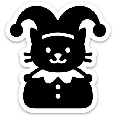 crazy cute little cat jolly joker from poker, medieval, vintage, court jester, mac os icon, purple, gold and red color, head + torso. Squared shape as 3D mac os icon, symmetrical sticker