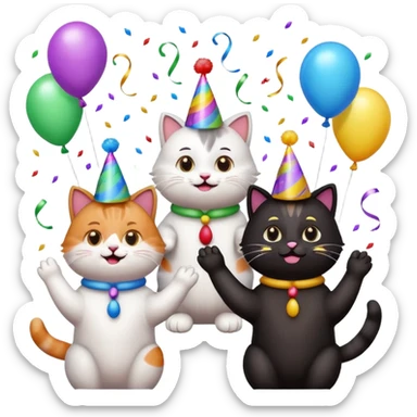 five cats cheering and clapping for one cat, birthday party scene, emoji style sticker