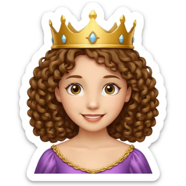 Princess with curly brown hair, small crown sticker
