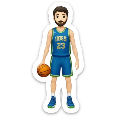 Full Body  white male basketball player with short shaggy dark hair and gold tee beard wearing blue and green uniform sticker