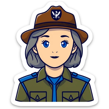 white woman park ranger with brown and gray hair and blue eyes sticker