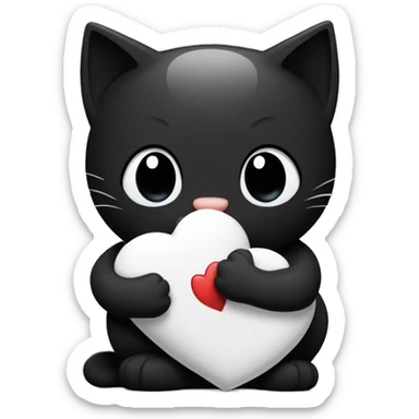 the black cat smiles sweetly and holds a white heart near its belly and hugs it sticker