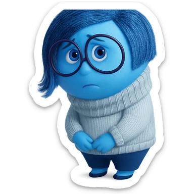 Sadness from Inside Out character, standing with a sad expression, blue skin, short blue hair, glasses, Pixar style sticker