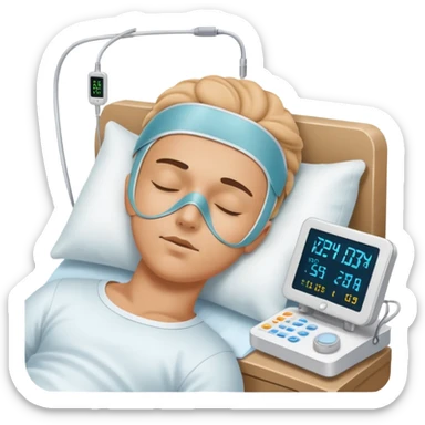Sleep laboratory with sleep monitoring equipment, bed with person sleeping, brain wave monitors sticker