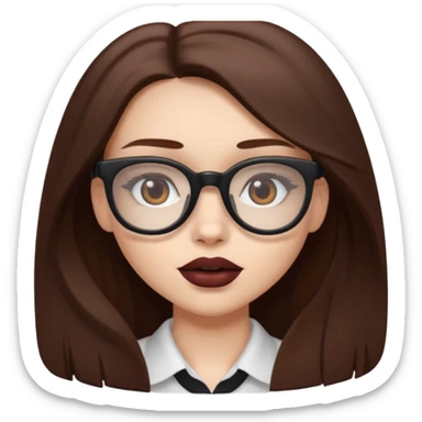 white-skinned girl with long brown hair with darker brown underlayer, brown glasses, brown lipstick, half-body sticker