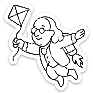 hand-drawn black outline icon of Ben Franklin with jetpack, left hand holding diamond kite, right arm outstretched in flight, minimalist startup logo sticker
