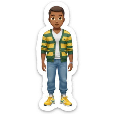 Handsome Black guy with brown skin tone, with lean muscular build, wearing baggy blue jeans, a white v-neck t-shirt, a yellow and green striped cardigan sweater, and grey new balance sneakers  sticker