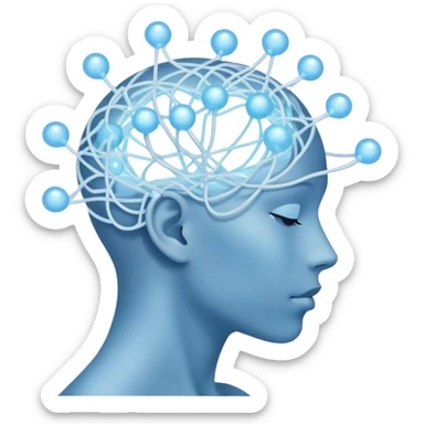 elegant human silhouette with delicate interconnected lines and floating orbs, luminous cores at head and heart, soft white-blue light sticker
