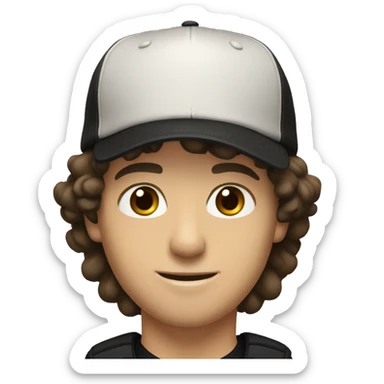 white young man with dark brown hair and light brown eyes with black skater hat sticker