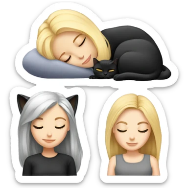 Girl with blonde hair sleeping with a black cat and grey cat  sticker