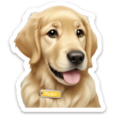 golden retriver puppy with name tag that says pockets sticker