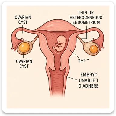 cross section of uterus with thin or heterogeneous endometrium, highlighted ovarian cysts, stylized embryo unable to adhere, scientific atmosphere, explanatory captions, light background sticker