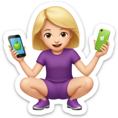 happy child dancing with a phone, crouching low, apple style emoji sticker