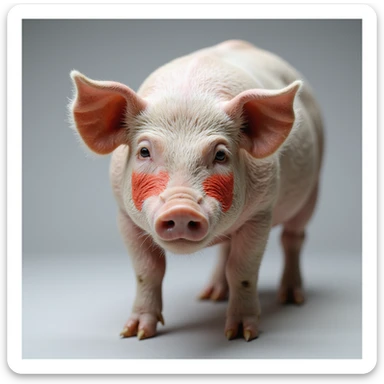 Realistic pig on isolated white background, thyroid area on neck highlighted in red, clear anatomical details, hyperrealism, 4K quality, front view sticker