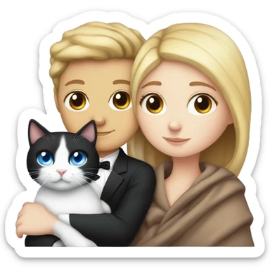 White girl with blue eyes snuggling with a tuxedo cat with a blanket sticker