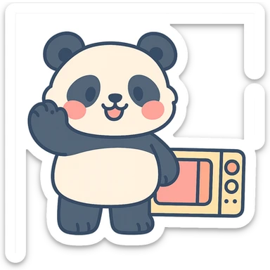 fluffy panda in chibi style, with microwave oven details, blushing and waving, soft pastel colors, full-body sticker
