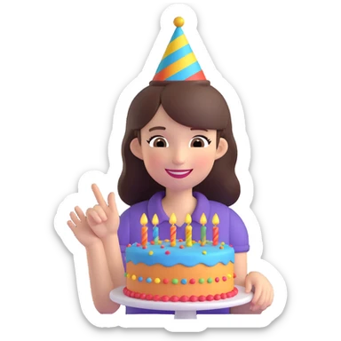 brunette girl celebrating her birthday, festive, colorful, smiling, party hat, cake sticker