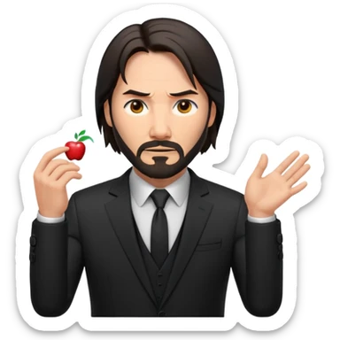 john wick as an apple-style emoji, action pose, black suit, beard, intense eyes sticker