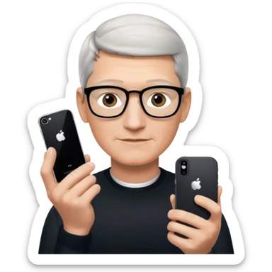 Tim Cook wiyh iphoine into his hands with one iphone the neweswt one sticker