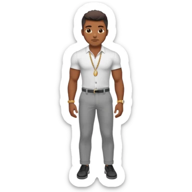 Handsome Black guy with brown skin tone, with lean muscular build, wearing gray slacks, a white button up top, black shoes, and a small gold chain sticker