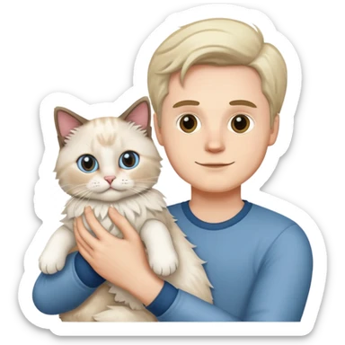 A white man holding a ragdoll cat sticker