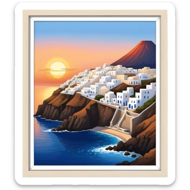 Cinematic Realistic Santorini Caldera Landmark Emoji, featuring white-washed buildings perched on volcanic cliffs, overlooking the deep blue Aegean Sea, with warm sunset hues illuminating the sky and reflecting off the water. sticker