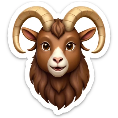 Cinematic Noble Brown Goat Portrait Emoji, Poised and regal, with a sturdy, agile build and a smooth, well-groomed rich brown fur accented by gracefully curved horns, deep-set soulful dark eyes, Simplified yet sharp and sophisticated features, highly detailed, glowing with a warm, dignified glow, high shine, intelligent and spirited, stylized with an air of rustic elegance, focused and attentive, soft glowing outline, capturing the essence of a watchful and confident goat, so majestic it feels as though it could leap out of the screen with effortless authority! sticker