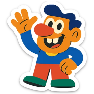 a cheerful character with a big nose, buck teeth, and waving hand, cartoon style, vibrant toon, colorful and lively illustration sticker