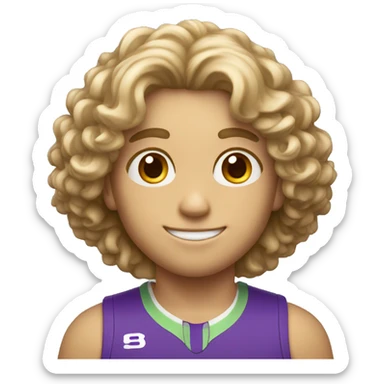 whitw boy with curly medium lenght hair with a trophy sticker