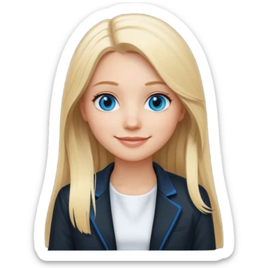 A white girl with long straight blonde hair, blue eyes and a white dress with a smiling black jacket sticker