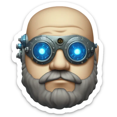 Bearded Fat bald cyborg head with tan skin, blue steampunk goggles and circuits sticker