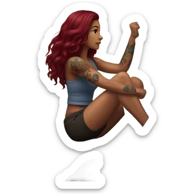 Beautiful tattooed woman long burgundy hair climbing rocks sticker