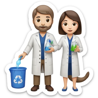 an otter disguised as a woman picking up trash bins, next to a man mad scientist sticker