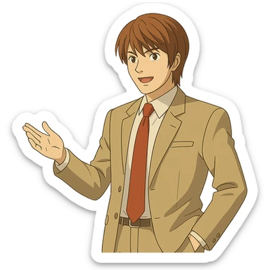 Light Yagami in Ghibli style, standing with one hand in pocket, relaxed pose, transparent background. sticker
