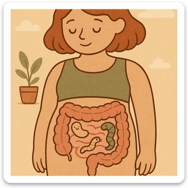 educational cartoon drawing anatomical section of female body, intestine with few stylized non-disturbing parasites, soft colors, friendly atmosphere, 4K resolution sticker