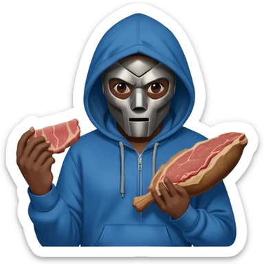 MF DOOM in a blue hoodie holding a piece of meat sticker