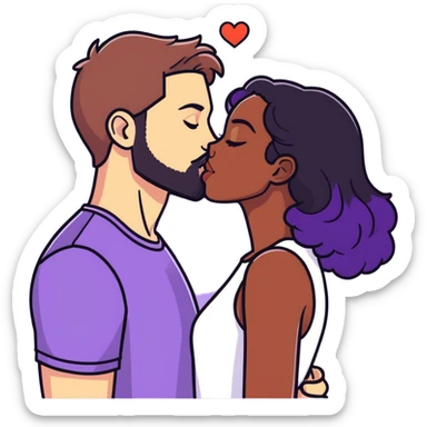 White guy with brown hair and beard kissing black girl with black and purple hair. Make them the same height sticker