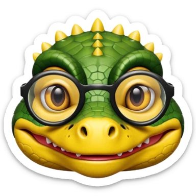 Cocodrilo con boca cerrada mirando de frente que tengan lentes negros y oscuros y sea color amarillo con fondo blanco sticker