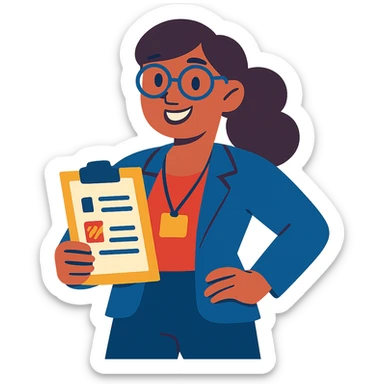 a cheerful and confident female project manager in a business casual outfit, smiling sticker