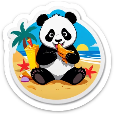 Panda eating chicken wings near beach  sticker