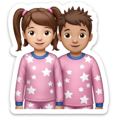 A toddler girl with brown hair with two pig tails, wearing pink pajamas with white stars on them. With a 4 year old boy with spikey brown hair, wearing blue pajamas with white stars on them. Both light skin and smiling. Both with a mix of big and small white stars on the pajamas  sticker