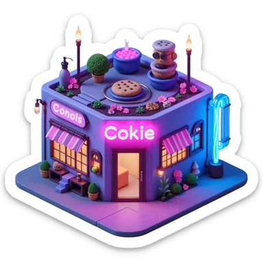 Exterior of a cyberpunk cookie factory, neon lights outlining the building, laser beams scanning the entrance, glowing pipes in electric blue and pink wrapping the facade, emoji-style sticker