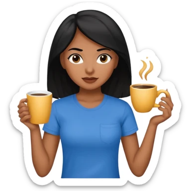 Cabelo preto para frente mais ou menos batendo no peito quero uma xícara de café bem bonita na mão aquelas xícaras bonitas quero ela com uma camiseta azul quero ela morena olhos pretos sticker