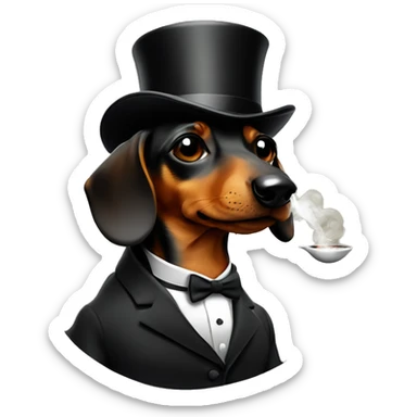 Daschund in a tuxedo smoking a pipe, wearing a monacle on one eye wearing a tophat sticker