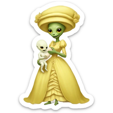  Reptilian alien woman , full body, in victorian jellow elegant dress , holds a newborn white humman baby sticker