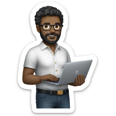 Emoji man with beard holding macbook in hands wearing versace glasses and shirt, profession - graphic designer. Features: white skin, full body type, dark hair, earring in left ear, dark white skin sticker
