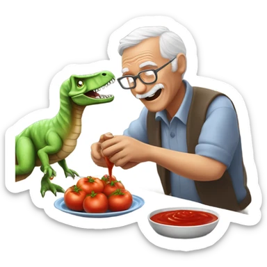 Old man drizzling tomato sauce over his pet dinosaur  sticker