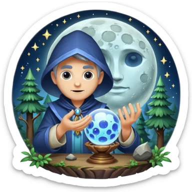 forest alchemist polishing the moon like crystal orb sticker