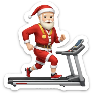 A Norwegian Santa running on a treadmill, wearing a gold medal round his neck sticker